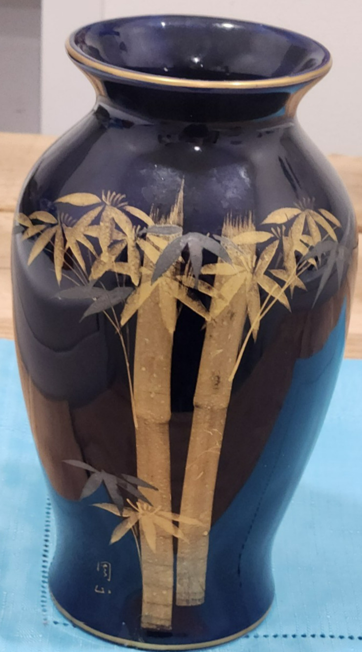 Vintage Japanese Cobalt Blue Porcelain Vase Gold Bamboo Design